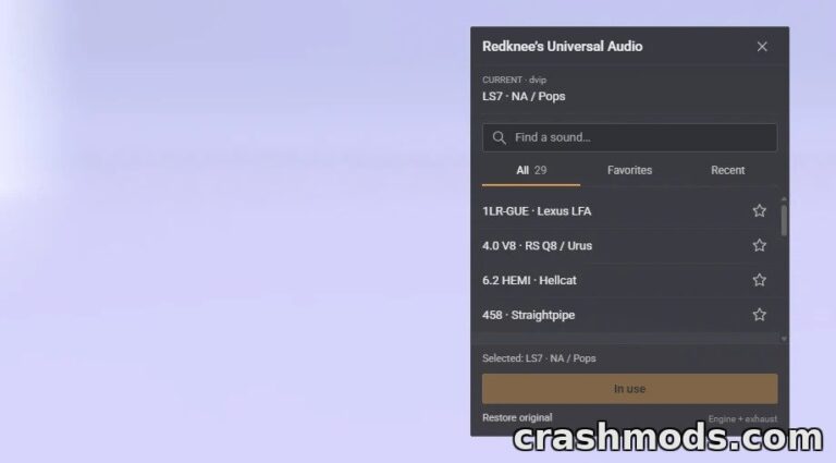 Universal Audio – Engine Sound Preset Library with UI App BeamNG.drive mod screenshot