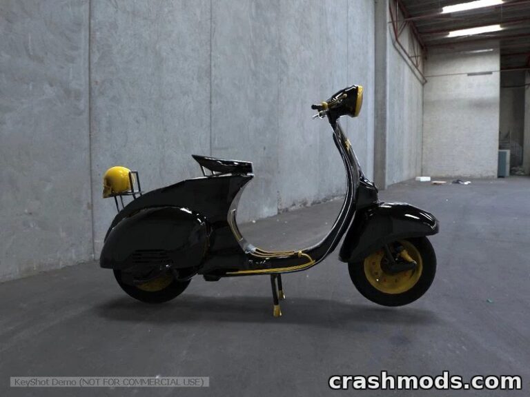 A sleek black Vespa Super scooter with yellow accents, showcased in an industrial setting for GTA San Andreas modding.
