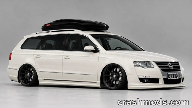 Sleek white Volkswagen Passat B6 Wagon with a low stance and roof box, showcasing detailed modding for BeamNG.drive.