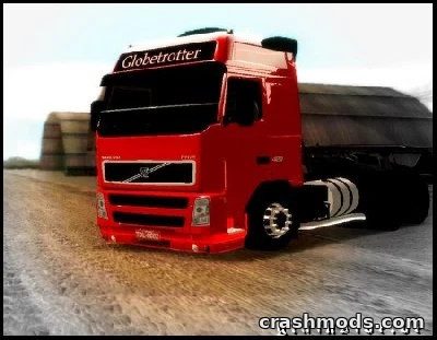 Detailed red Volvo FH truck from the "Globetrotter" mod, driving on a dirt road in GTA San Andreas.