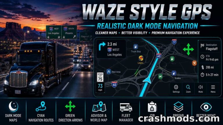 Waze-Style GPS Colors – Dark Mode Navigation Theme American Truck Simulator mod screenshot
