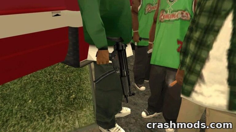 A character in GTA San Andreas holds a retextured weapon, showcasing enhanced graphics and vibrant colors.
