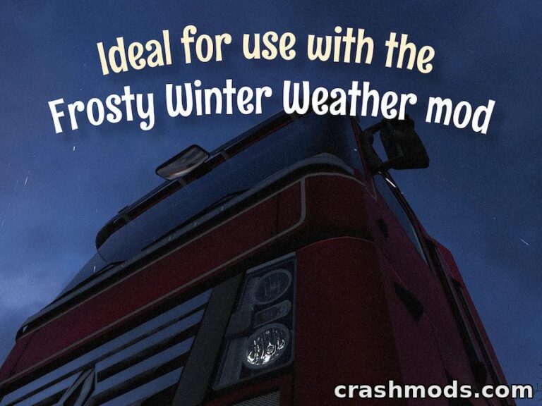 Red truck under a night sky, promoting the "Winter Sounds Pack" for enhanced snowy ambiance in American Truck Simulator.