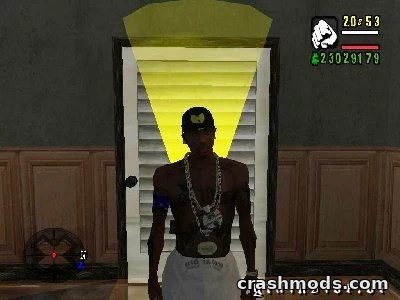 A character in GTA San Andreas showcases the WUTANG Clan Chains mod, wearing iconic rap jewelry and a cap.