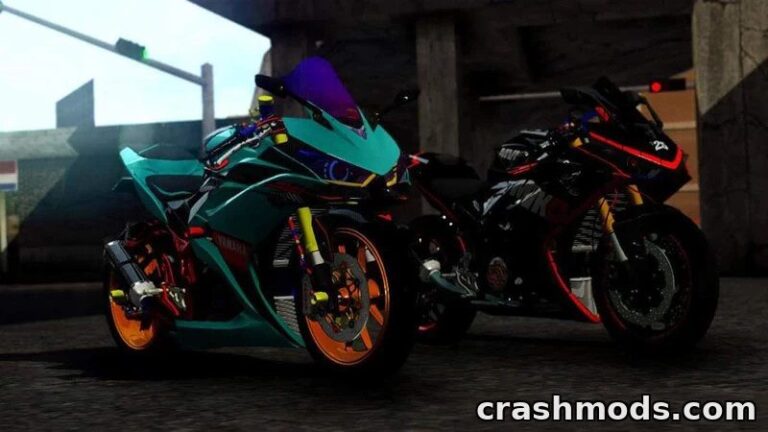 Two custom Yamaha YZF R25 bikes showcased in vibrant colors, parked under urban lighting in GTA San Andreas.
