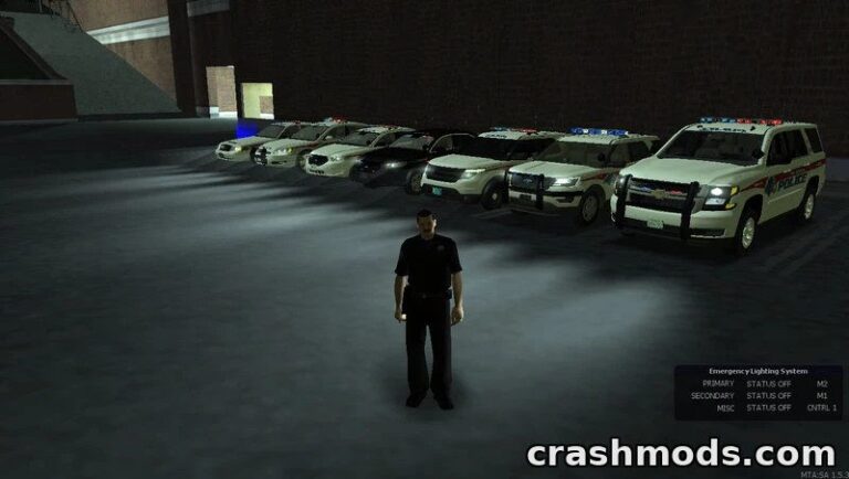 A police officer stands in front of a lineup of York Regional Police vehicles in GTA San Andreas. The vehicles feature authentic law enforcement markings.